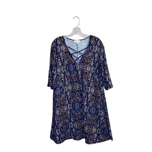 Espresso Women's 2X Navy Blue Paisley Print Lattice Neck 3/4 Sleeve Dress